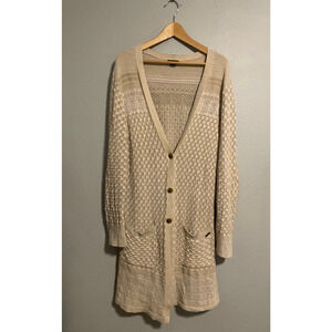 Eddie Bauer Womens Cardigan XL Beige Open Knit Button Duster Lightweight FLAW